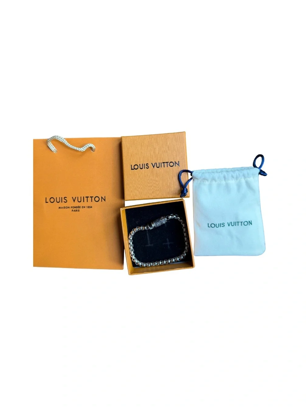 Louis Vuitton Silver Chain Bracelet with Orange Box and Light Blue Pouch